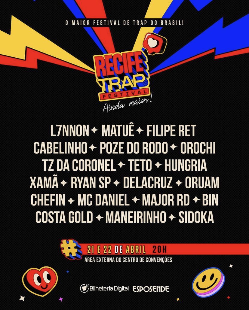 HojeRecife's tweet photo. Se liga nessa line-up do Recife Trap festival🤩🤩🔥 https://t.co/EAH1vVz3Q7