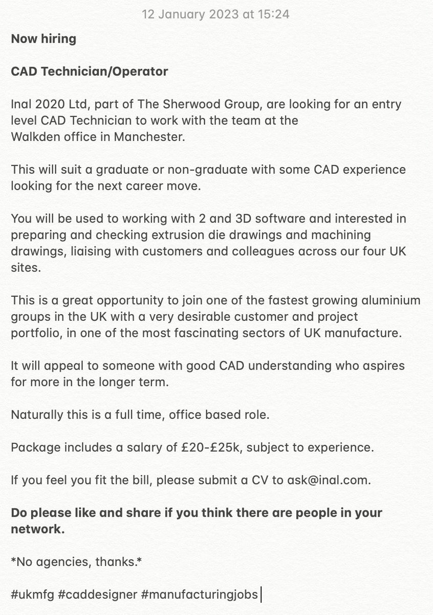 Inal2020Ltd's tweet image. Now hiring 
in Manchester

CAD Technician/Operator

If you feel you fit the bill, please submit a CV to ask@inal.com

Do please like and share if you think there are people in your network.


*No agencies, thanks.*


#ukmfg #caddesigner #manufacturingjobs