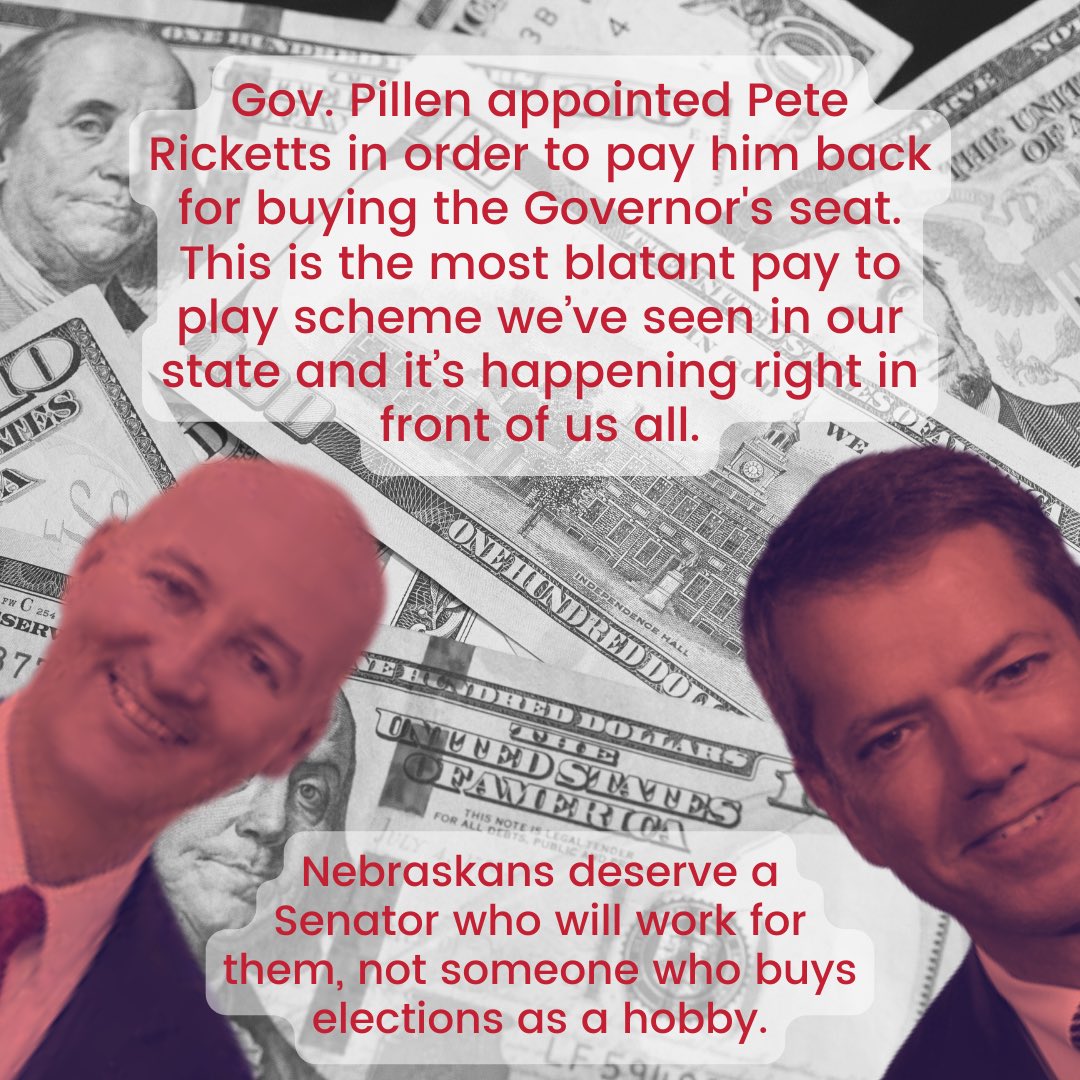 In a surprise to no one, @jim_pillen pays back @GovRicketts by giving him a US Senate seat. GOP’s one-party rule leads to corruption and status quo thinking. We can come together in 2024 to vote Ricketts out.