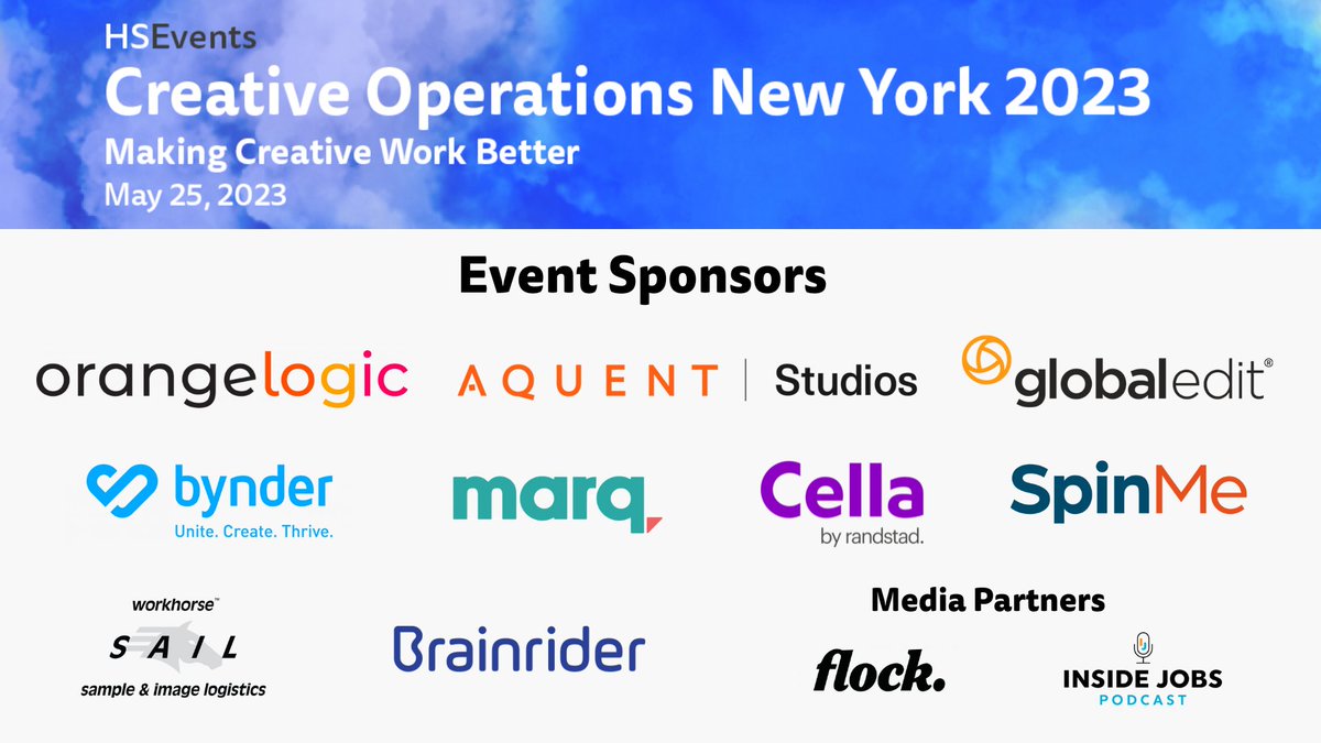 HSCreativeOps's tweet photo. A big welcome and thank you to the sponsors of Creative Operations New York 2023

Say hello to @OrangeLogic, @Aquent Studios, @globaledit, @bynder, @marq_hq, @CellaServices, @SpinMeLtd, Drafthorse and @brainrider!

🐦 Register for #CreativeOpsNY today:  https://t.co/sxW20lhPz1 https://t.co/5mXysDyhRg