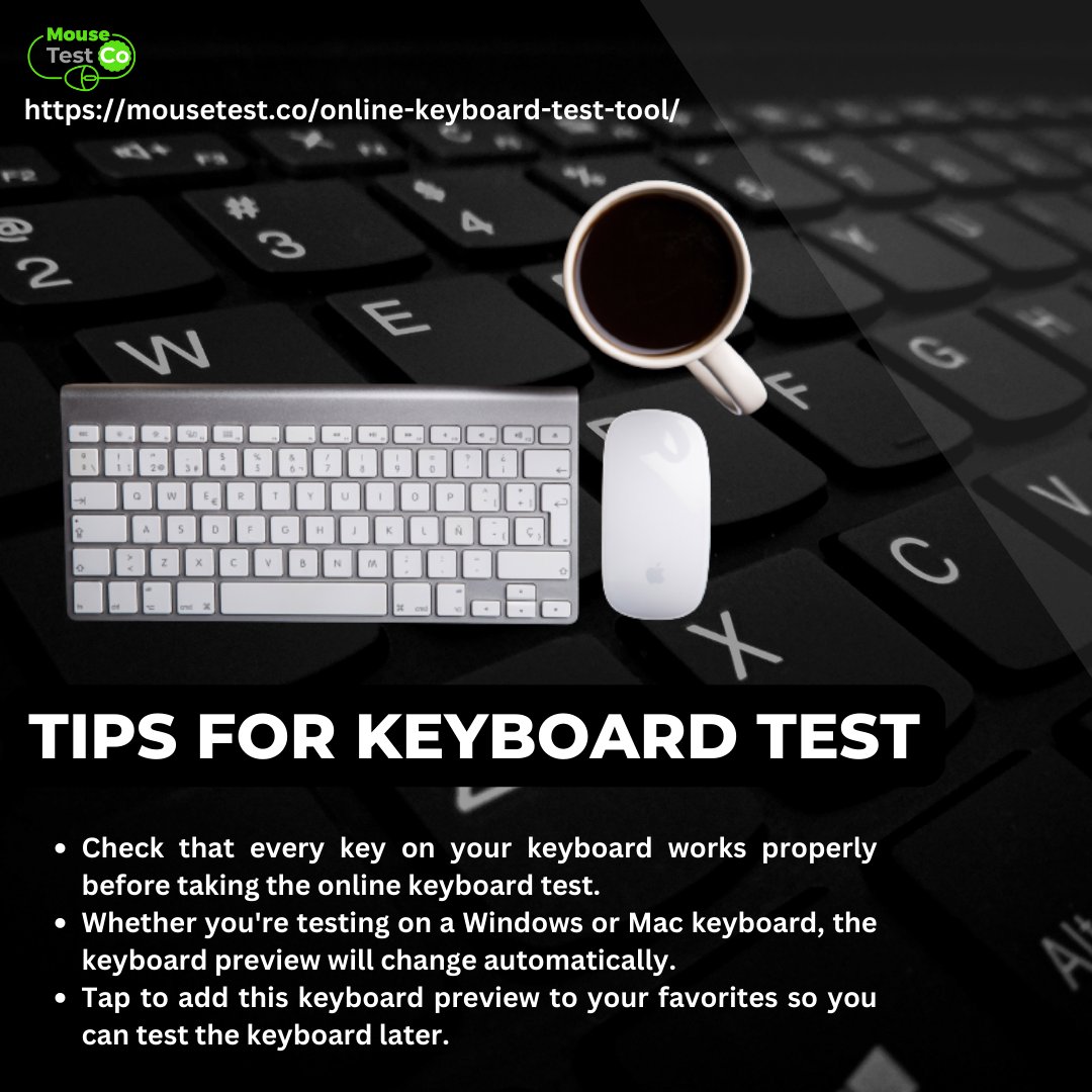 mouse4test's tweet image. Tips for Keyboard Test
Check that every key on your keyboard works properly before taking the online keyboard test.
Whether you&apos;re testing on a Windows or Mac keyboard,...
Visit Our Tool
mousetest.co/online-keyboar…
#keyboardtest #Mouse #mousetest