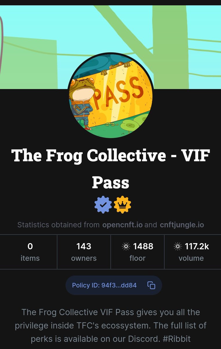 markiviloryeah's tweet photo. @frogscollective UPDATE, Are you already in their discord? Come #RIBBIT ๐ธ with us Tadpoles! Congrats on reaching 100k Volume on just the #VIFPass team. Don't mind the FUD, focus on building.
Check their latest tweet, another chance to win your own Pass! ๐ธ
#CNFT #CNFTGiveaway https://t.co/LUcYXOo98j