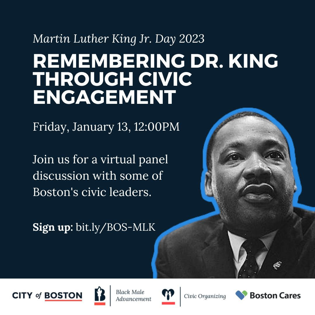 The @OfficeofBMA @bostoncivicorg & @BostonCares are hosting a VIRTUAL MLK Day panel discussion TODAY! At 12pm. Join the discussion by clicking👇
bit.ly/BOS-MLK
#blackmaleadvacement