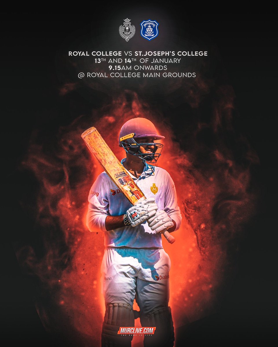 murclive's tweet photo. Overpower, overtake, and overcome

The 1st XI Cricket Encounter between Royal College and St. Joseph's College will be held on the  13th and 14th of January from 9.15 am onwards at the Royal College Main grounds. Stay tuned for live updates 

#murclive https://t.co/tIGxFWC1Bk