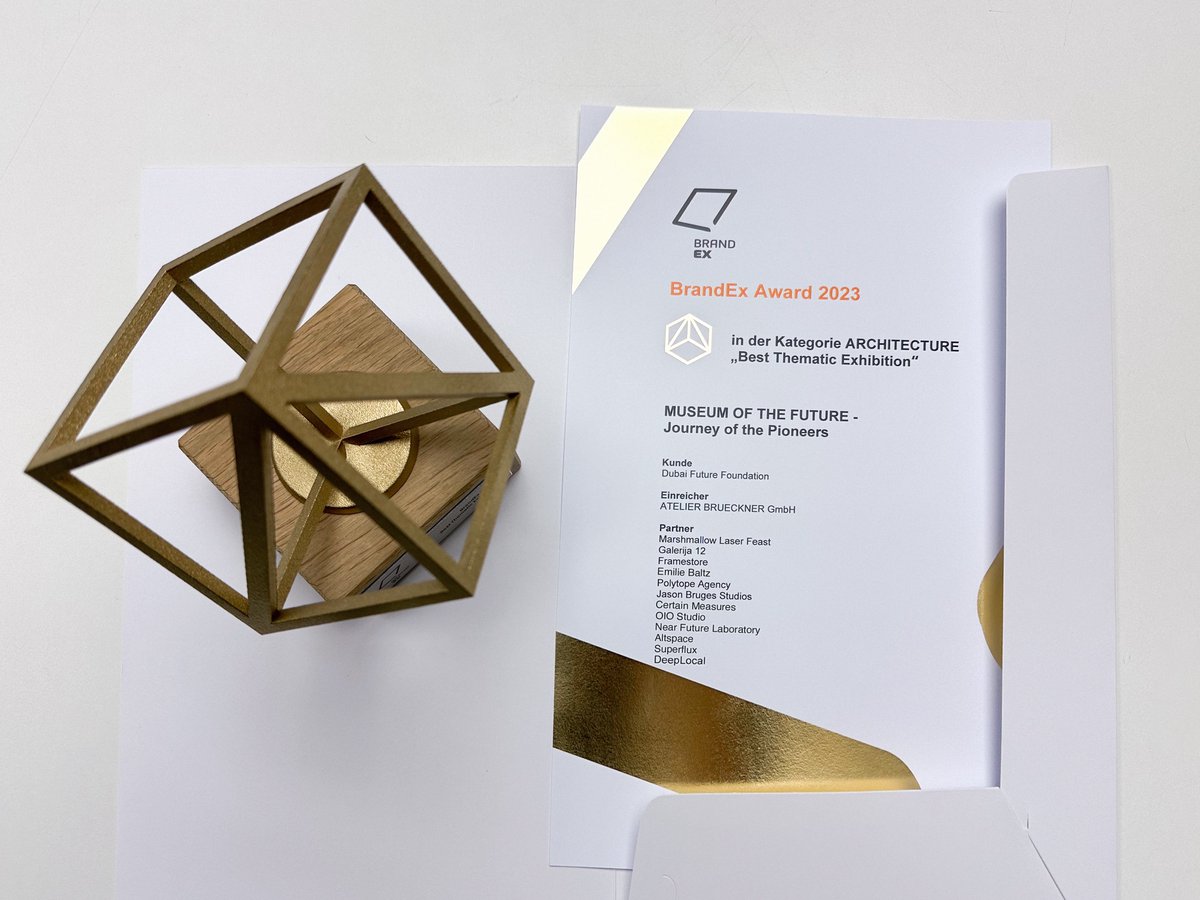 AT_BRUECKNER's tweet photo. We are thrilled to be awarded the @BrandexFestival #Gold Award in the Thematic Exhibitions category as well as the Best of the Best of 2023 Award for the exhibition "Journey of the Pioneers" at #MuseumOfTheFuture, Dubai.
#atelierbrueckner #BrandEx #Award #Winner #BestOfTheBest https://t.co/bqE1aggdL2