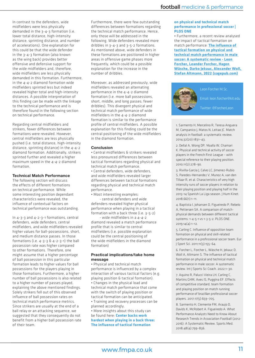 Defenders run more in formations with a back three 🏃

➡️ Physical &amp; technical performance is influenced by a complex interaction of various tactical factors 

I am pleased to share my contribution to the football medicine &amp; performance magazine.

fmpa.co.uk