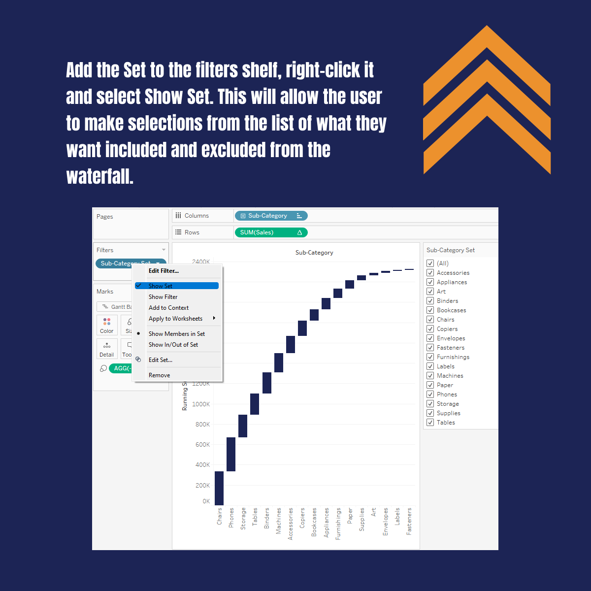 thedataveteran's tweet photo. Good morning #datafam! It's time for another #WeeklyTableauTip! This week I will continue from last weeks tip on creating a waterfall in #tableau. This week we are going to take that waterfall and allow the user to select the dimension members they want to build the waterfall. https://t.co/nwpiIwtfWK