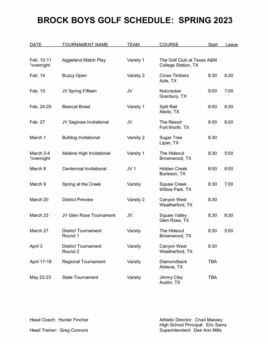2023 Brock Boys Golf Schedule