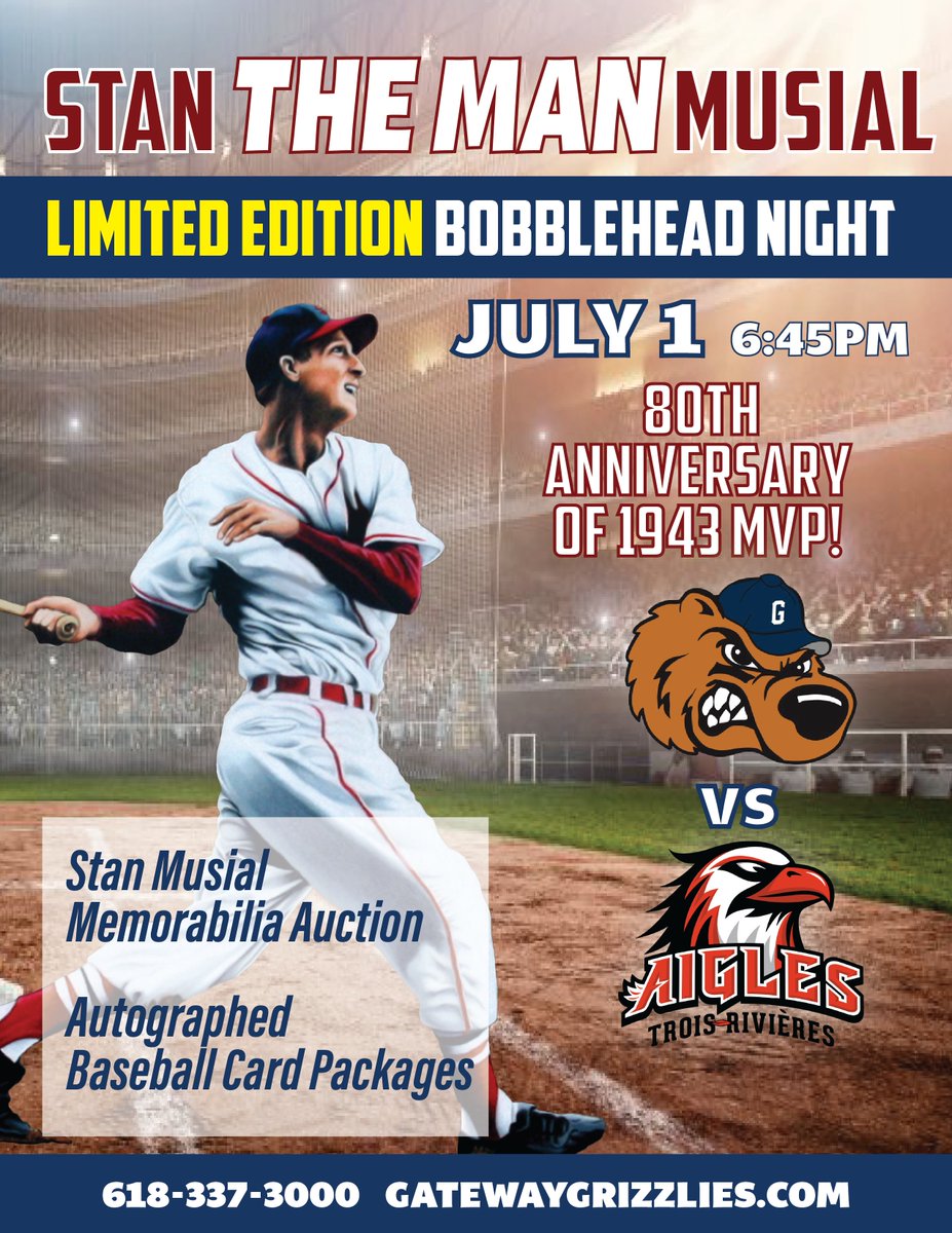 GatewayGrizzlie's tweet photo. Join us on July 1st for our limited-edition Stan “the Man” Musial Bobble Head Night! We're also hosting a Stan Musial Memorabilia Auction, with signed baseball card packages. It's the 80th anniversary of his 1943 MVP! #GrizzUp #Gatewaygrizzlies https://t.co/uFn8X5SA40