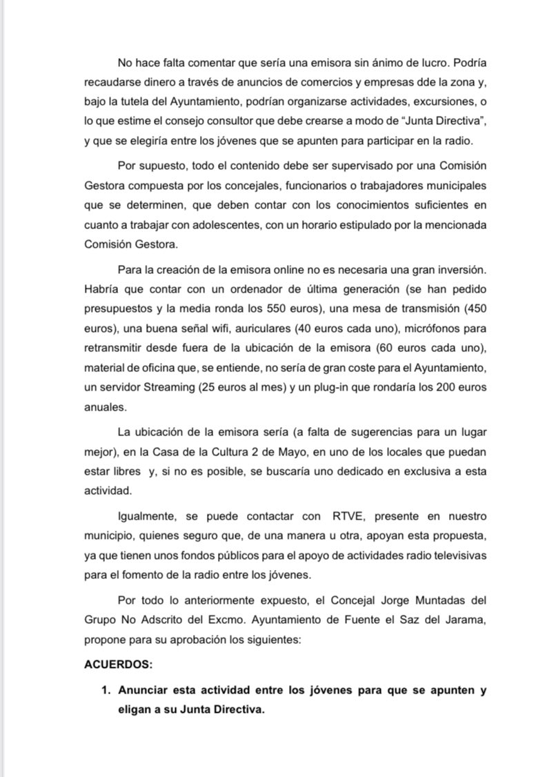 JxFuentelSaz's tweet photo. Os compartimos la moción que nuestro concejal @jorge_muntadas presentará en el próximo Pleno Ordinario que se celebrará en el Ayuntamiento de #fuenteelSaz el lunes 16 de Enero.
#jxfs #juntosxfuentelsaz #PlenoOrdinarioEnero #trabajarpormejorar #juventud https://t.co/DYbkFU9hQS