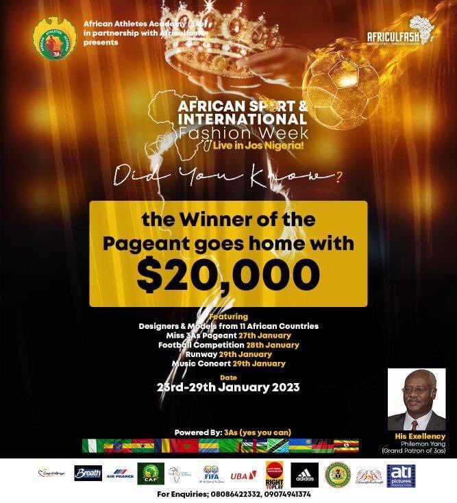 Grazierlens's tweet photo. More than a hashtag #️⃣ Great event coming up on the plateau vibe with us as we unveil this exclusive #3As #Africulfash #AfricanSportandInternationalFashionWeek #Jos #FashionWeek #KizzDaniel
#AfricanAthletesAcademy
#Fashion #Football #Sports
#plateau https://t.co/va9EAEOi6h