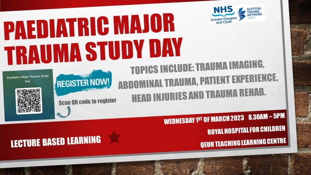 nhsggcpaedsMTC's tweet photo. Registration is now open for our 1st study day via the QR code below. @MtcWos @NHSGGC @NHSLanarkshire @NHSaaa @NHSHighland #NHSDumfriesandGalloway @TraumaSas @RHCGlasgow https://t.co/mP1g7kA5zk
