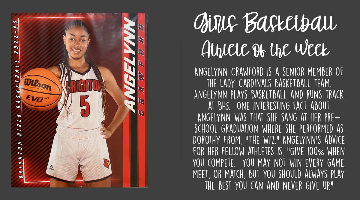BrightonCards's tweet photo. This week our girls basketball athlete of the week is Angelynn Crawford! #AllCardinalsAlways #CardinalFam https://t.co/1ufGVwkbdW
