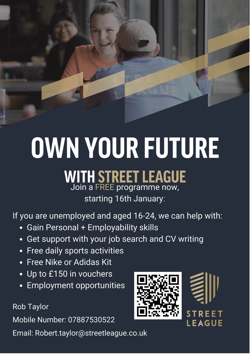 JANUARY PROGRAMME  ‼️
ARE YOU LOOKING FOR HELP GETTING INTO COLLEGE OR WORK? ‼️PROGRAMME STARTS ON THE 16TH OF JANUARY &amp; SPACES ARE ALREADY FILLING, GET IN TOUCH NOW
We have a 10-week Street League academy starting in East Renfrewshire based at the Barrhead Foundry.