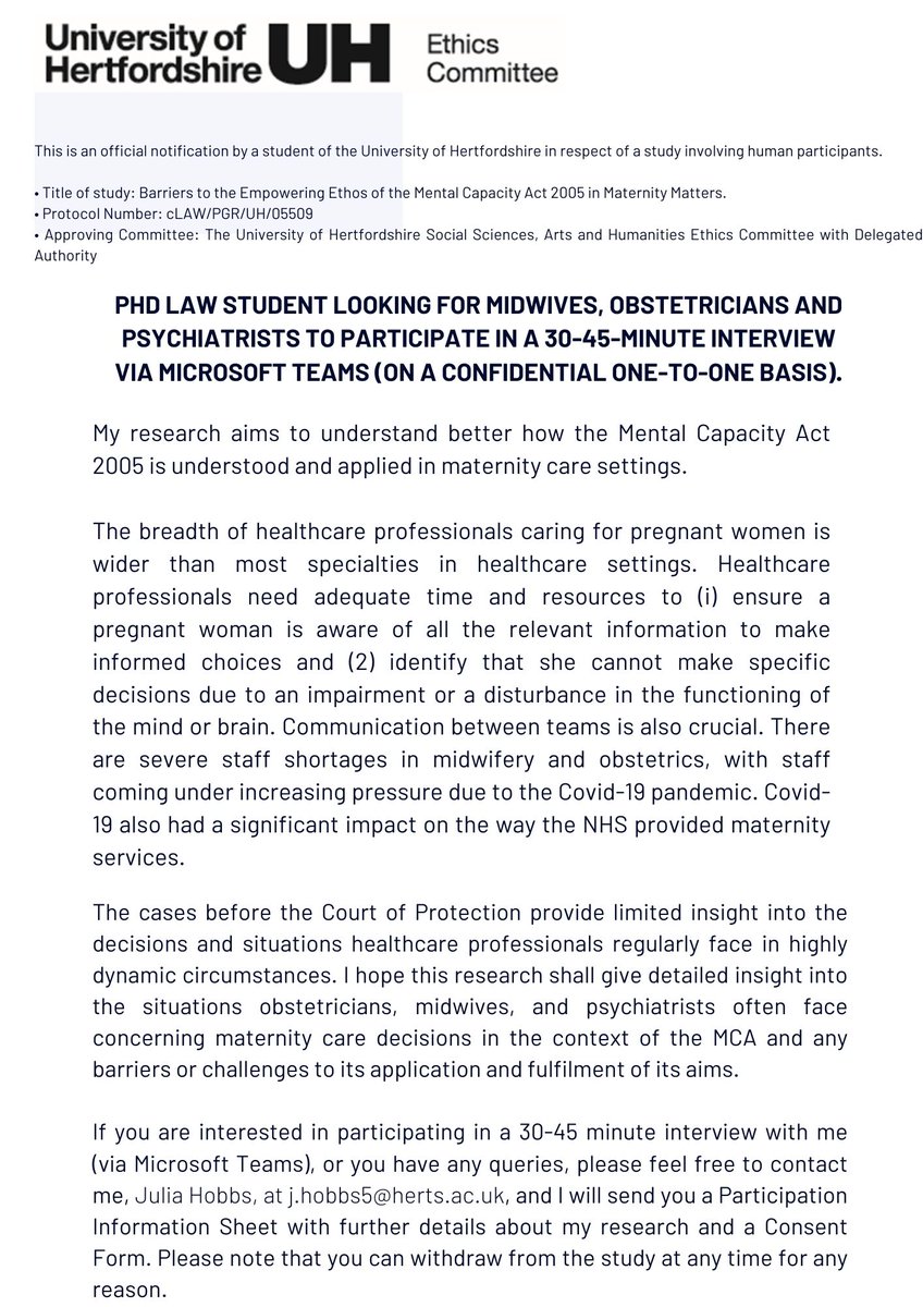 I am looking for midwives, obstetricians and psychiatrists to participate in online interviews as part of my PhD research on the MCA 2005 in maternity settings. Details below. 
#maternity #Phd #mentalcapacityact #mentalcapacity #research #obstetrics #midwives #midwifery