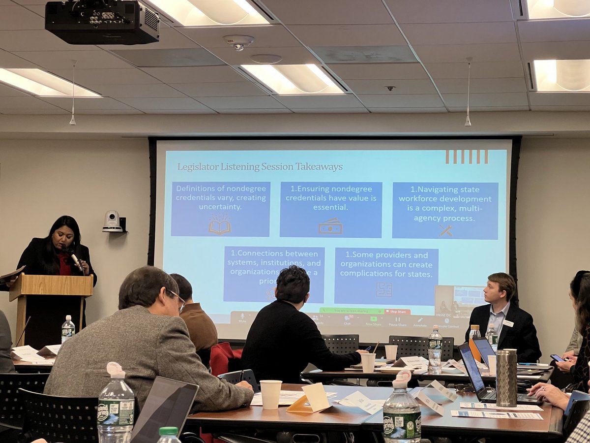 AnnieM_Phillips's tweet photo. Legislators are including NDCs in attainment goals, but they say: “We struggle a bit with what a non-degree credential looks like… how do we make sure they’re worth it to families?”👀👀👀 Learning a lot from the ⁦@NCSLorg⁩ Non-degree Credentials Partners Meeting https://t.co/pC8236K1C2