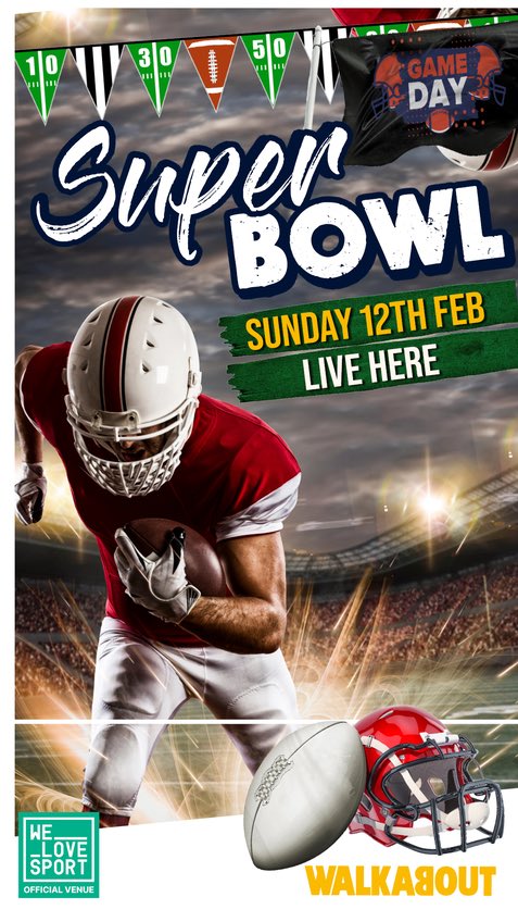 Join us on Sunday 12th February for Super Bowl LVII. 🏈
Always a sell out. (60% of our tables already sold out and it’s a month away). More screens than anywhere else in the Printworks, so you’re guarenteed a decent view.
Book at walkaboutbars.co.uk or 01616724660 opt 1.🏈