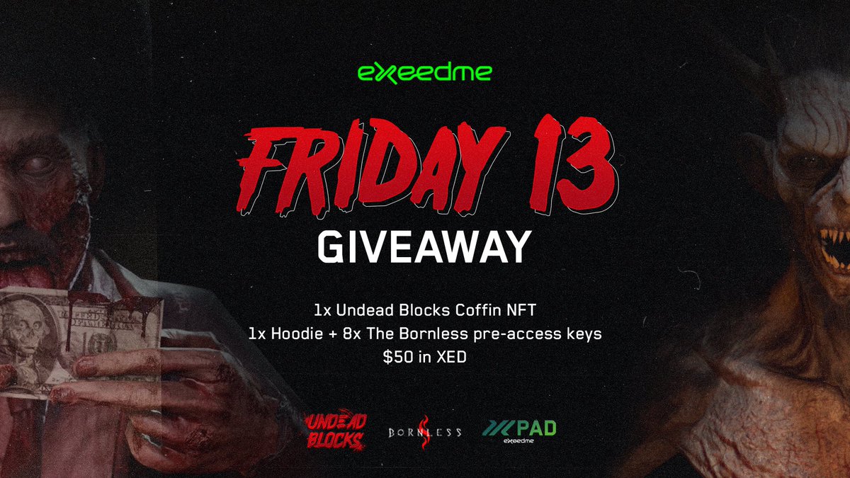 Exeedme (@exeedme) on Twitter photo 🚨XPAD Friday the 13th GIVEAWAY🚨
🕸️Who says Friday 13th has to be horrific? This giveaway might get you your luck back!🐈⬛
1️⃣ Follow <a href="/XPADGG/">XPAD</a>, <a href="/TheBornlessGame/">The Bornless</a>, <a href="/UndeadBlocks/">Undead Blocks</a>
2️⃣ Like +RETWEET this post
3️⃣Tag 3 unlucky friends below
⌛Find how lucky you are in 72hours! 🚨XPAD Friday the 13th GIVEAWAY🚨
🕸️Who says Friday 13th has to be horrific? This giveaway might get you your luck back!🐈⬛
1️⃣ Follow <a href="/XPADGG/">XPAD</a>, <a href="/TheBornlessGame/">The Bornless</a>, <a href="/UndeadBlocks/">Undead Blocks</a>
2️⃣ Like +RETWEET this post
3️⃣Tag 3 unlucky friends below
⌛Find how lucky you are in 72hours!