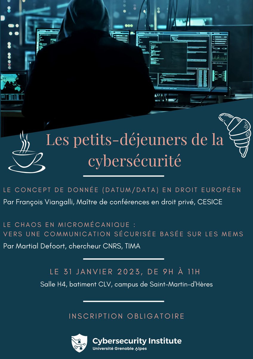 Les petits-déjeuners de la cybersécurité sont de retour ! 

2️⃣présentations de 15 min 
⏳ du temps dédié aux questions/réponses
🥐un moment d'échange autour d'un café

Programme ? Date ? Lieu ? 
Les infos sont dans le flyer 👇

Inscription obligatoire ➡ forms.office.com/e/yACczKc7LA