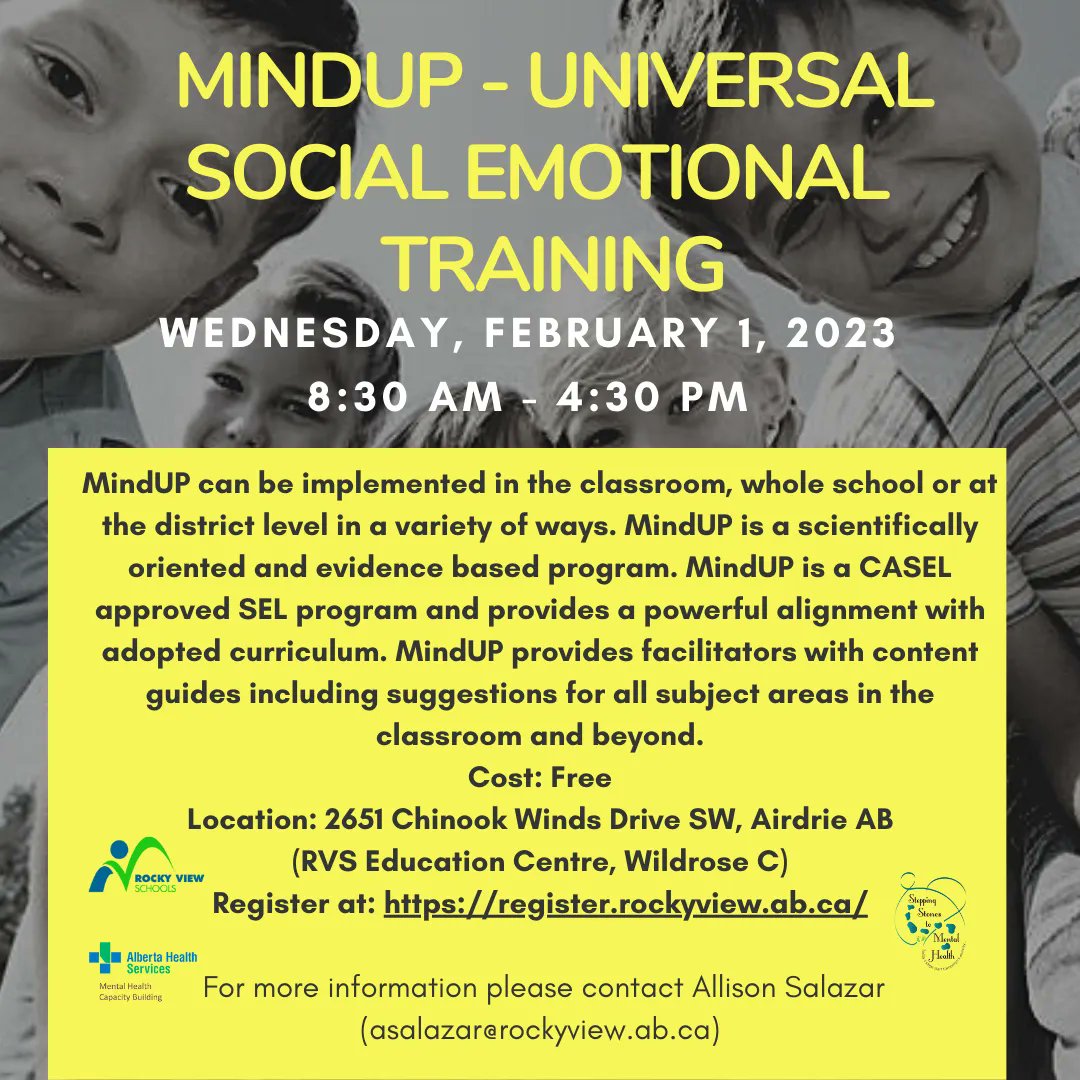 SteppingS2MH's tweet image. We will be offering the MindUP - Universal Social Emotional Training on Feb 1 from 8:30-4:30. This course is targeted at professionals who are interested in running the MindUP program.

Register at buff.ly/3X0tAXs 

#MHCBAlberta #MindUP #rvsed #mentalhealth