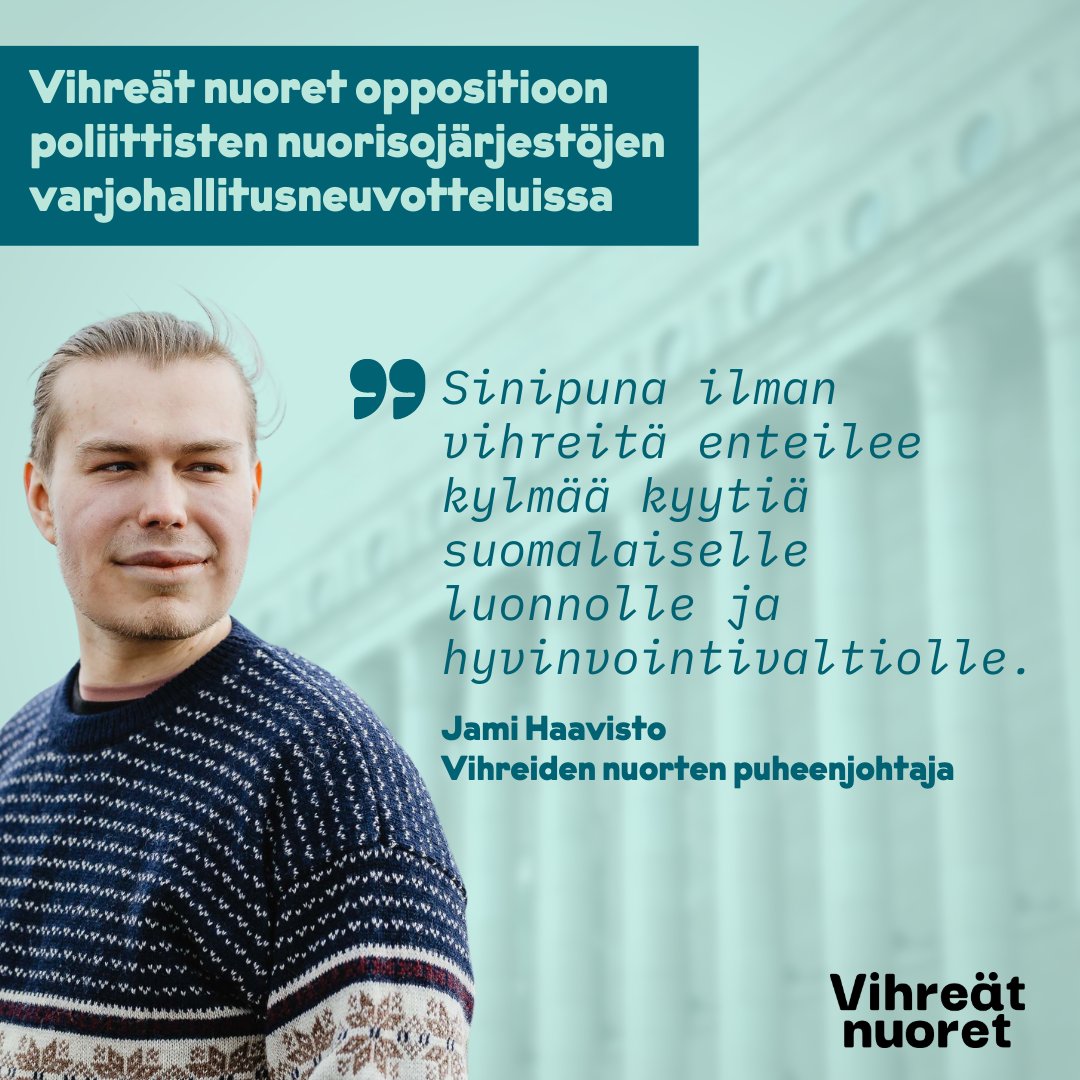 Varjo-oppositio kutsuu poliittisten nuorisojärjestöjen varjohallitusneuvotteluissa. Kokoomusnuoret lähti maalaamaan #sinipuna’a Demarinuorten kanssa.

“Sinipuna ilman vihreitä enteilee kylmää kyytiä suomalaiselle luonnolle ja hyvinvointivaltiolle.” <a href="/jamihaavisto/">Jami Haavisto 🇪🇺🇺🇦</a>