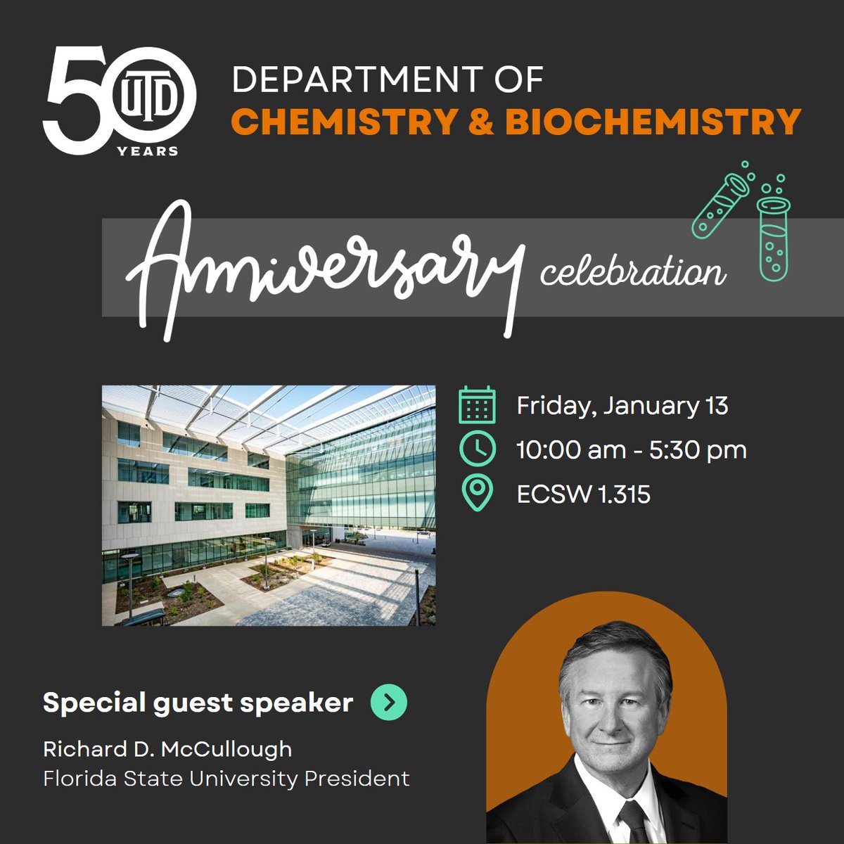 UTD Natural Sciences & Math (@utdscience) on Twitter photo Calling all students, faculty and alumni to join us in celebrating the <a href="/UTDallasChemBio/">UT Dallas Chemistry</a> Department's 50th Anniversary this Friday! You can also swing by the graduate poster session on Saturday to see some impressive student research.
Full schedule: bit.ly/3XkWu4y Calling all students, faculty and alumni to join us in celebrating the <a href="/UTDallasChemBio/">UT Dallas Chemistry</a> Department's 50th Anniversary this Friday! You can also swing by the graduate poster session on Saturday to see some impressive student research.
Full schedule: bit.ly/3XkWu4y