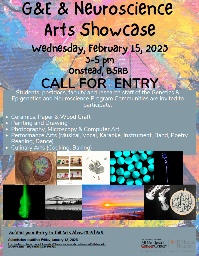Dr. Evangelia (Lia) Koutelou (@ekoutelou) on Twitter photo If you are a scientist and an artist don't forget to enroll in the Arts Showcase event organized by G&E and Neuroscience programs and share your talents! The deadline is fast approaching! <a href="/MDA_UTHGrad/">MD Anderson-UTH Grad</a> <a href="/UTGSBSGnE/">Genetics&Epigenetics</a> <a href="/ColeFrancesca/">Francesca Cole</a> <a href="/TheSantosLab/">Margarida Santos</a> If you are a scientist and an artist don't forget to enroll in the Arts Showcase event organized by G&E and Neuroscience programs and share your talents! The deadline is fast approaching! <a href="/MDA_UTHGrad/">MD Anderson-UTH Grad</a> <a href="/UTGSBSGnE/">Genetics&Epigenetics</a> <a href="/ColeFrancesca/">Francesca Cole</a> <a href="/TheSantosLab/">Margarida Santos</a>