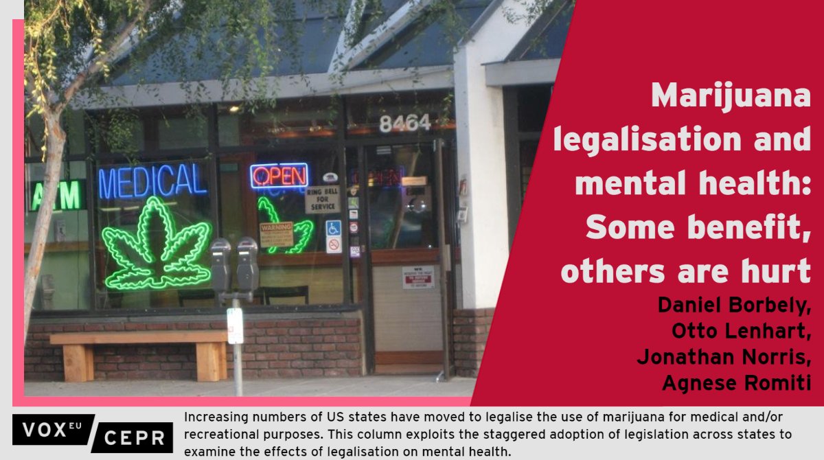 voxeu's tweet photo. There is no evidence of an overall effect on #MentalHealth of #Marijuana legalisation in US states. However, effects differ across age groups and by pre-existing health conditions
@bodanieli @dundeeuni, O Lenhart, J Norris, @agnese_romiti @Strath_Econ
https://t.co/fIhX31dqEx https://t.co/uG844kpYGv