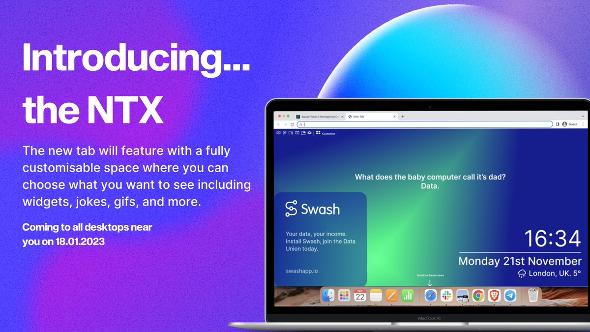 swashapp's tweet photo. Hello customisable dashboards, bad dad jokes and ads that pay you...

Full age ads — the New Tab Experience (NTX) launching on 18.01.2023 along with our newest #sAds feature 💚 https://t.co/AfjsIt9RSc