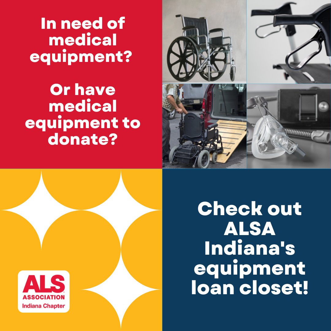 ALSAIndiana's tweet photo. If you or your family are in need of #medicalequipment, check out our equipment loan closet! We can offer donated and durable medical equipment to families in need.

For more info, contact us at connie@alsindiana.org.

#ALS #whateverittakes #ItTakesAllofUs #donations https://t.co/xDhZzafSIq