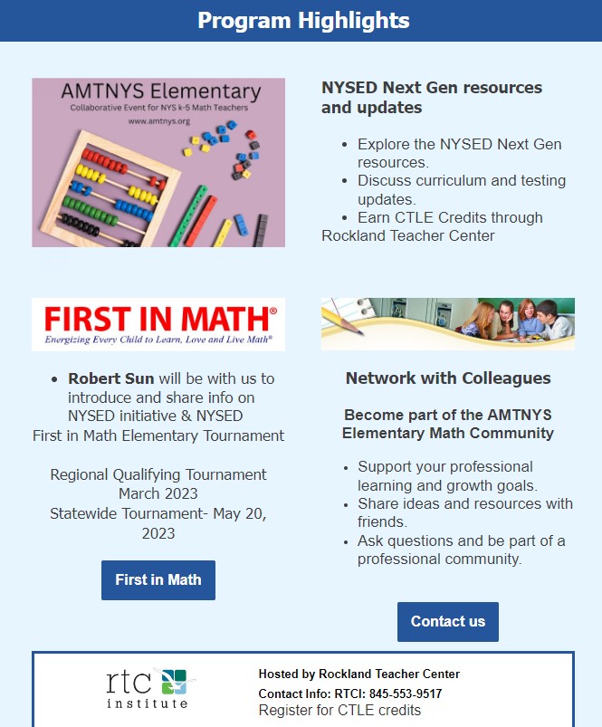 AMTNYS's tweet photo. AMTNYS invites you to be part of a Math Community for elementary math teachers in NYS. Join us as we share information, explore resources and network with fellow colleagues from across the state.

Virtual Event: Monday, 1/23
Time: 4pm
FREE Event

https://t.co/bdmLjTQGun https://t.co/pBX9NUz0m8