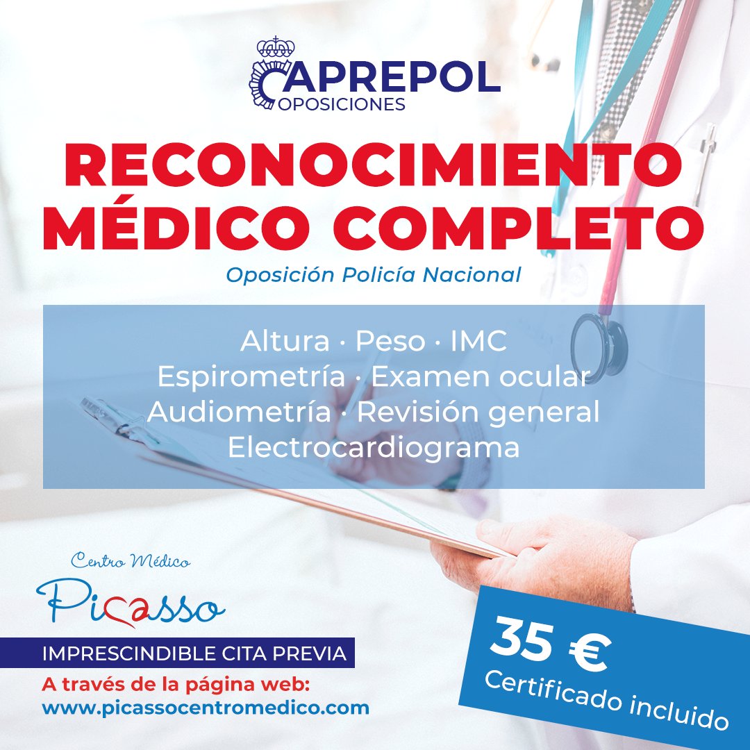 Aprepol's tweet photo. 👨‍⚕️ ¿Necesitas un RECONOCIMIENTO MÉDICO COMPLETO para el examen de pruebas físicas?
➡️ Acude a Centro Médico Picasso, centro especializado y colaborador de Aprepol Oposiciones.
✅ 35 € (incluye certificado).
📝 Imprescindible cita previa a través de la web https://t.co/nD3KmnRdaF https://t.co/b6Ic8OM3ji