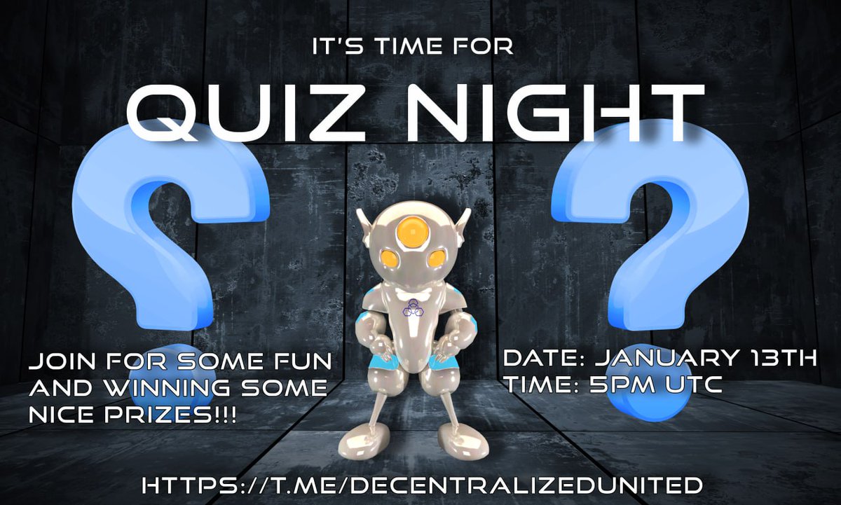 It's time for Quiz!!

Don't miss the chance to participate in the quiz and win free $DCU!

It's all for fun in our telegram community, make sure you join us!

Date: January 13, 2023
Time: 1700 UTC
Venue: t.me/DecentralizedU…

#DCU #DCUsmartswap #BNB #BTC #ETH #DeFi #QuizTime