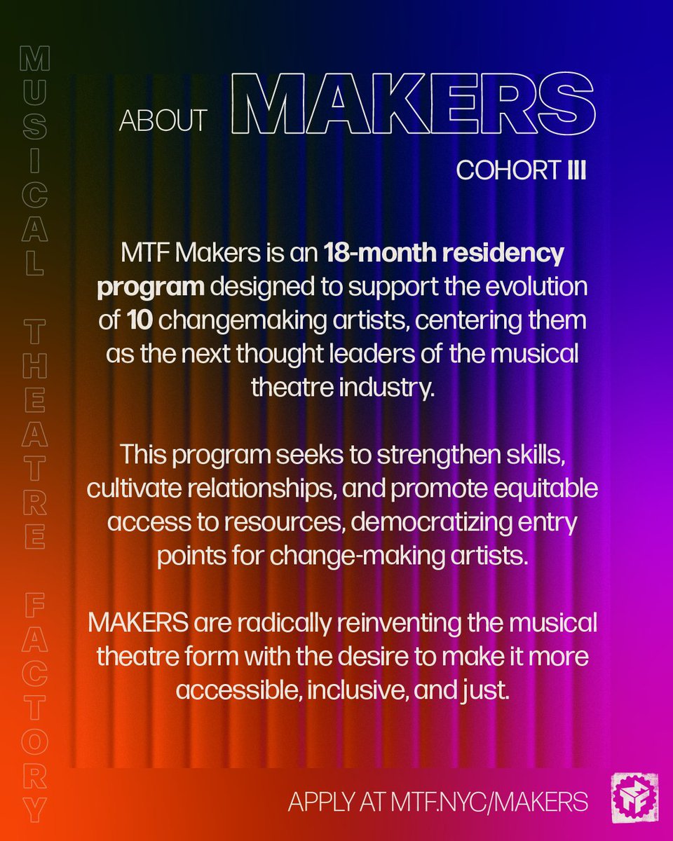 MTFmusicals's tweet photo. APPLICATIONS ARE OPEN FOR MAKERS COHORT III. Head over to our website to learn more and apply by Feb. 15th!
#MTFMakers #CohortIII #ResidencyProgram #MusicalTheatreDevelopment #MAKERSIII #InnovativeArtists #MusicalTheatreCreators #TheatreArtists #NewMusicalDevelopment #WIP https://t.co/LzkNr0XB7d