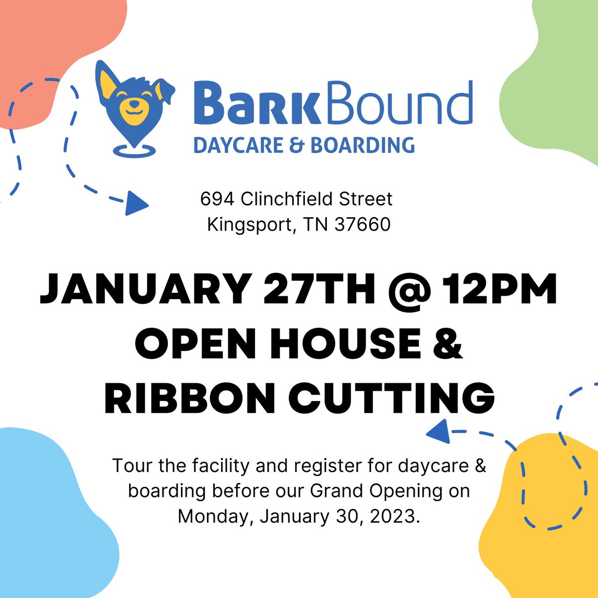 Join us and Downtown Kingsport Association for an open house and ribbon cutting celebration for BarkBound Daycare & Boarding on Friday, January 27 at 12:00 p.m. They're located at 694 Clinchfield Street in Kingsport. Visit their website barkbound.com to learn more.