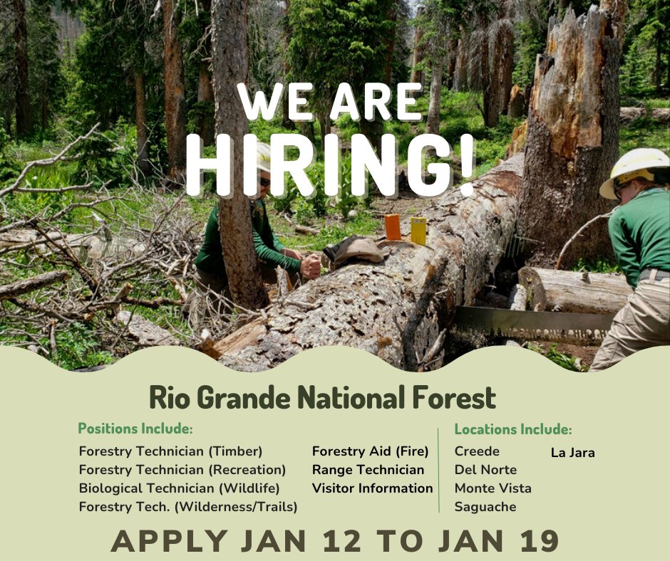 RioGrandeUSFS's tweet image. We're hiring for the summer season NOW!
Check out our web page for more info. Be sure to apply at USAJobs. Here's the page: fs.usda.gov/main/riogrande…
See how YOU can apply to #workoutside to help fulfill the Rio Grande National Forest mission that has been going on over 100 years!