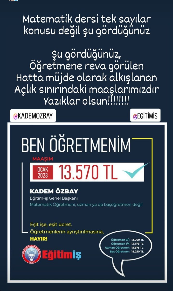 #MemurlarAlanda
Matematik dersi tek sayılar konusu değil şu gördüğünüz

Şu gördüğünüz,
Öğretmene reva görülen
Hatta müjde olarak alkışlanan
Açlık sınırındaki maaşlarımızdır
Yazıklar olsun!!!!!!!!
<a href="/kademozbay_/">Kadem Özbay</a> 
<a href="/egitimis/">Eğitim-İş</a> 
Öğretmenlerin sabrı kalmadı