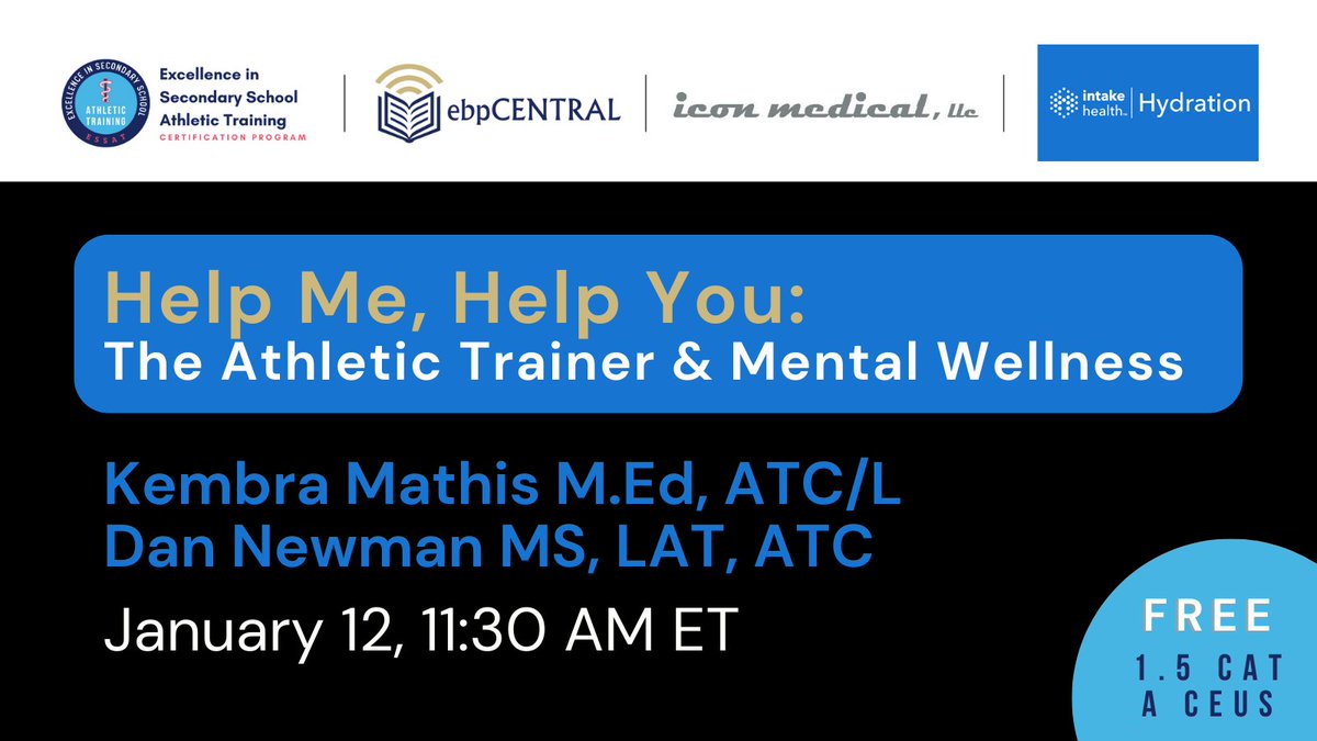 EbpCentral's tweet photo. T-20 minutes!
Last Chance to Register for this POWERFUL CEU that focuses on the ATHLETIC TRAINER's mental wellness!
#AT4ALL #Wellness4ALL
@MyIntakePro @EbpCentral #ESSAThleticTrainer
https://t.co/zJ3cqm8byX https://t.co/DH8JTz4KHy