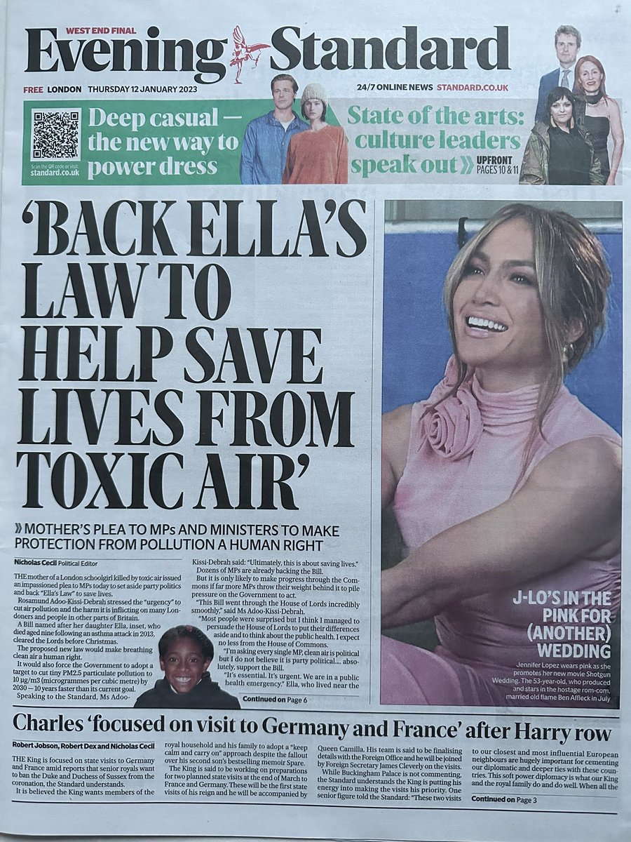 CleanAirLondon's tweet photo. #EllasLaw splashes the front page of @standardnews HT @EllaRobertaFdn @nicholascecil @CarolineLucas @EdwardJDavey @DawnButlerBrent @uxbridgewalrus @GreenJennyJones cc @RishiSunak @Keir_Starmer https://t.co/qYDI5YU1yM. MPs are asked to sign the EDM https://t.co/QyAiQ7VBAI https://t.co/xskWn5rwrB