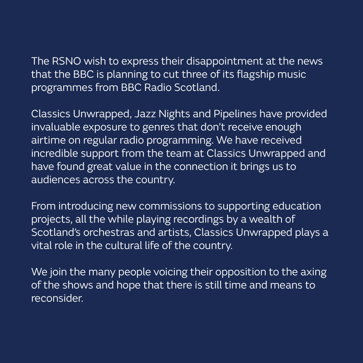 Our statement on <a href="/BBCRadioScot/">BBC Radio Scotland</a>'s plans to axe Classics Unwrapped. 

Sign the petition to encourage the BBC to reconsider: change.org/p/stop-bbc-rad…