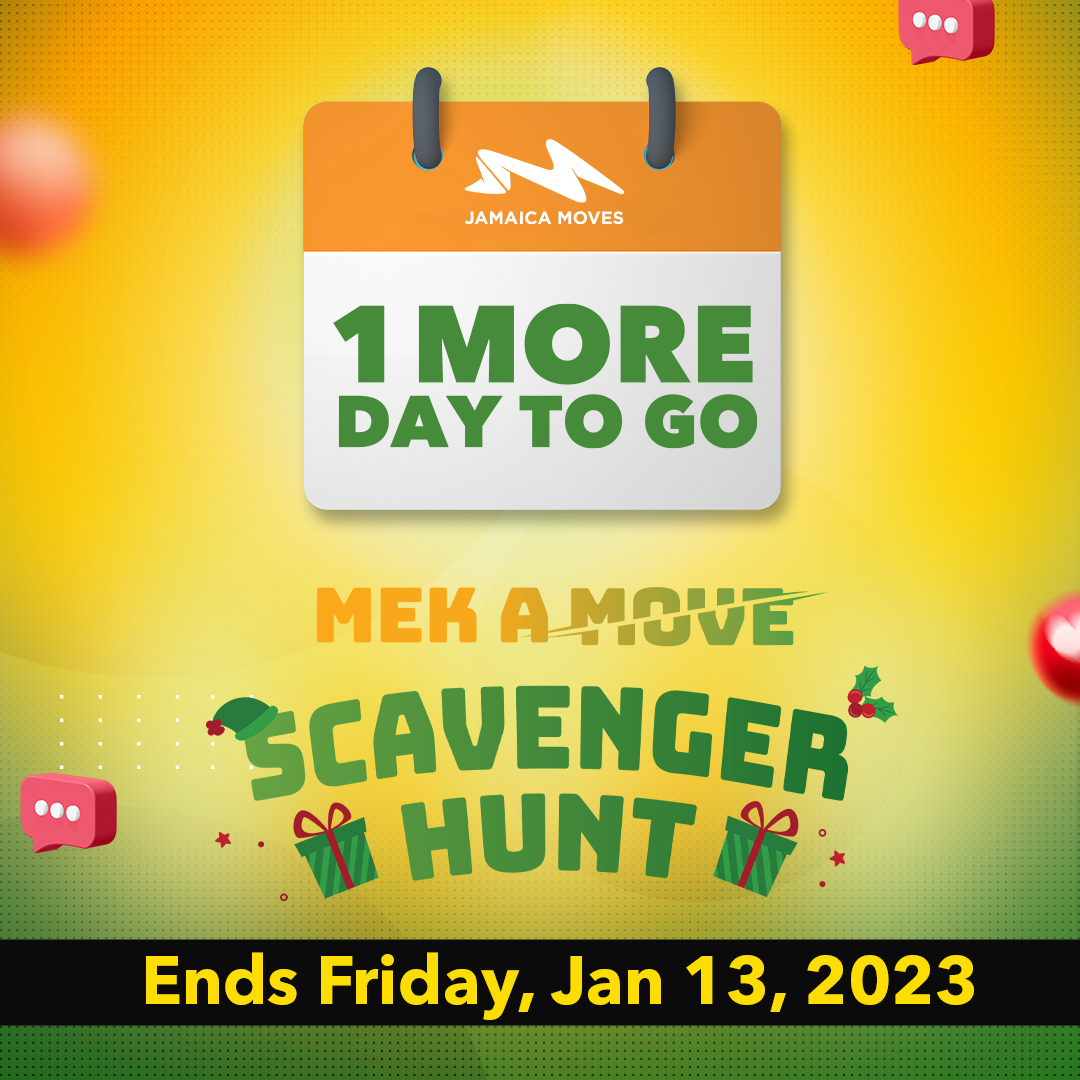MovesJamaica's tweet photo. The clock is ticking! The Mek A Move Scavenger Hunt ends tomorrow Friday, Jan 13, 2023

*Please allow us to carefully review each entry to update our Leaderboard”

#JamaicaMoves2.0
#JamaicaMoves
#MekAMove
#MekAMoveScavengerHunt https://t.co/mudfGQllnn