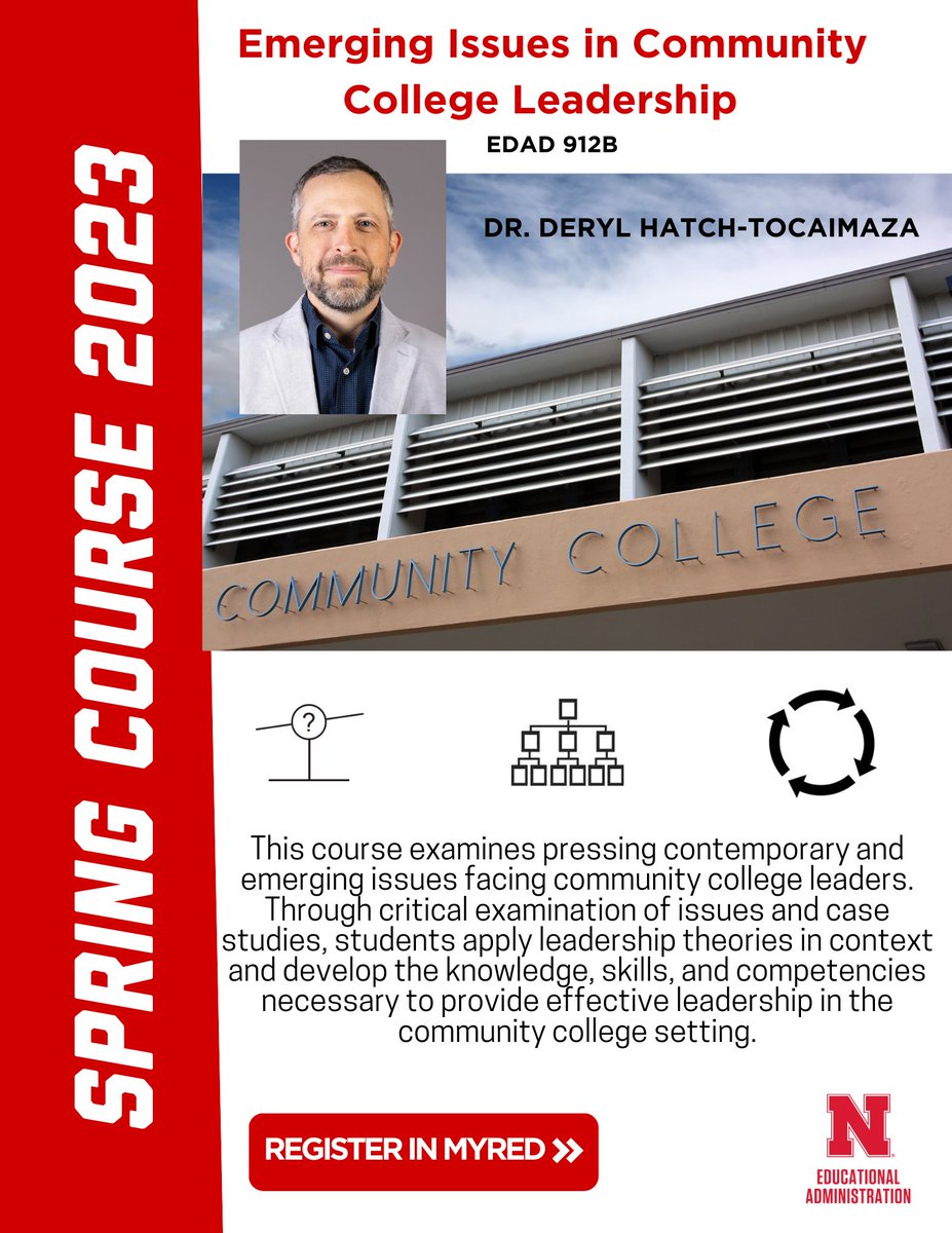 Spots remain in the popular @NebraskaEDAD Emerging Issues in Community College Leadership course, taught by @derylhatch in spring 2023!