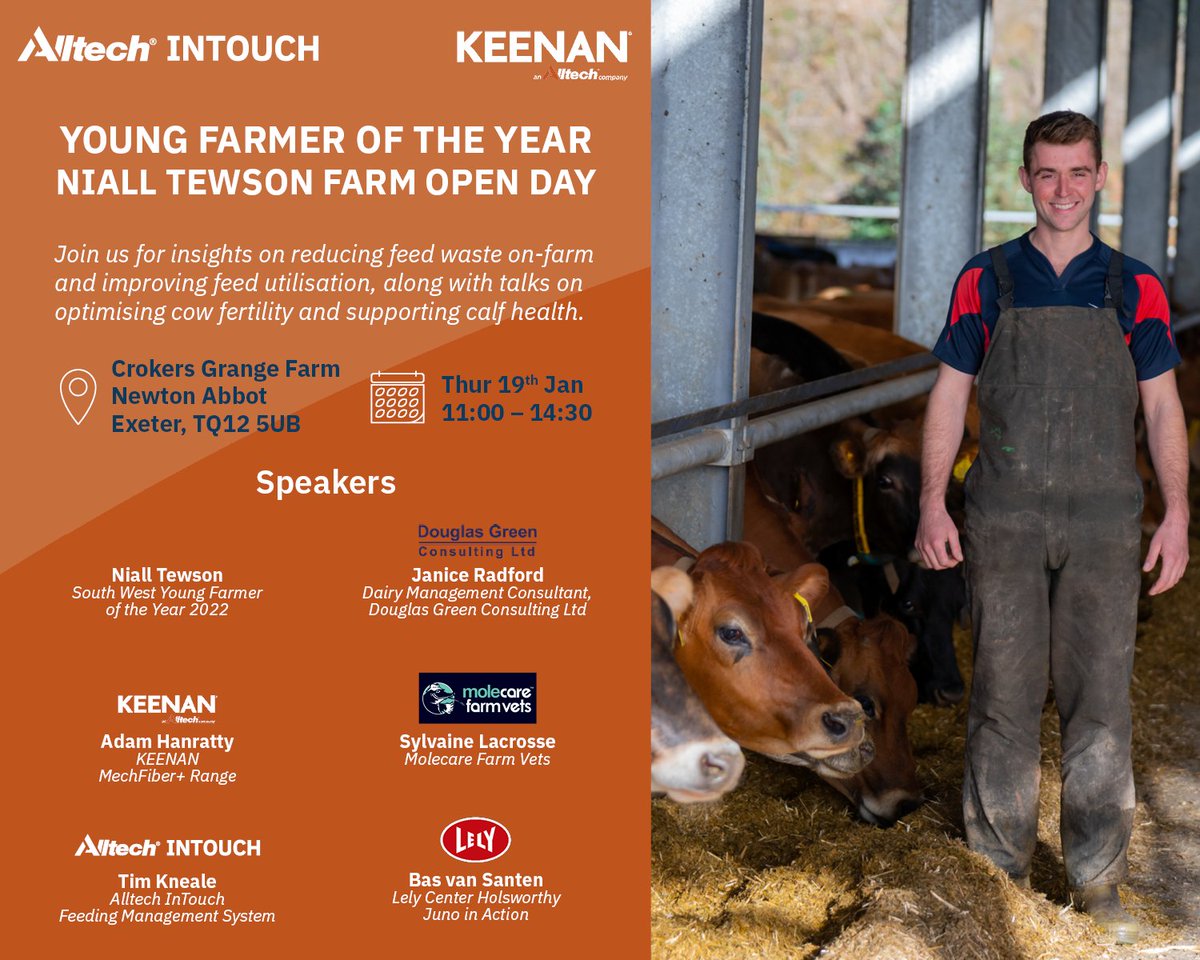 AlltechUK's tweet photo. Join us for an open day at Niall Tewson's Farm, South West Young Farmer of the Year 2022!

See machines in action and discuss reducing feed waste, improving feed utilisation, cow fertility, calf health &amp; more!

📅 Thu 19 Jan, 11:00-14:30

Register now: https://t.co/5hsPeLUDVz https://t.co/vZ7oafAYUU