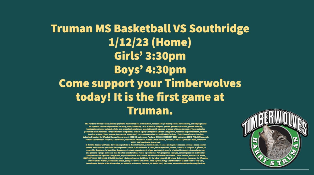 FUSD_TrumanMS's tweet photo. Come support the first game of the year!!! #Timberwolves #Basketball #TrumanMS https://t.co/BgqDUWSbWk