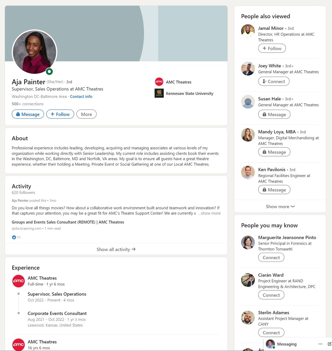 AmcBusiness's tweet photo. Retail shareholders, meet Aja Painter, Supervisor, Sales Operations @AMCTheatres. Please follow her on LinkedIn and reach out for your next corporate event for group sales. You can also email Rentals@amctheatres.com or call 1-833-MEET2DAY or visit https://t.co/4z2bDhWMbj https://t.co/oKCzTfwsxu