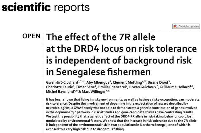 gjclochard's tweet photo. Super happy to share that our article “The effect of the 7R allele at the DRD4 locus on risk tolerance is independent of background risk in Senegalese fishermen” is in print at @SciReports @SpringerNature ! https://t.co/CK5G5n0jc5