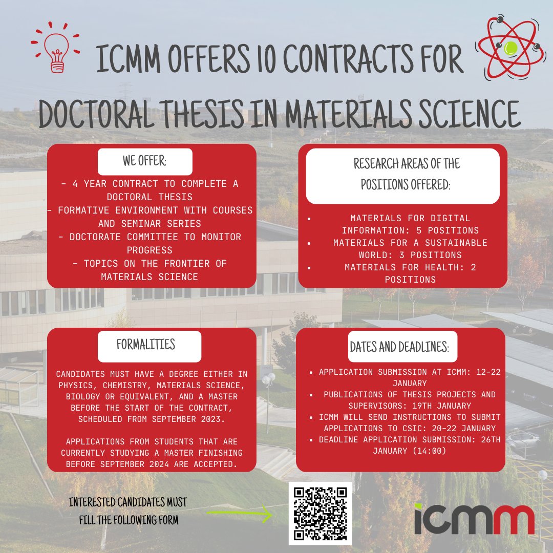 ✨ We are searching for 10 individuals interested in completing their doctoral thesis at our center. The contracts are part of the Doctors Training Programme of the Spanish Research Agency. 

💥  More info a application submit --> convocatorias.icmm.csic.es
