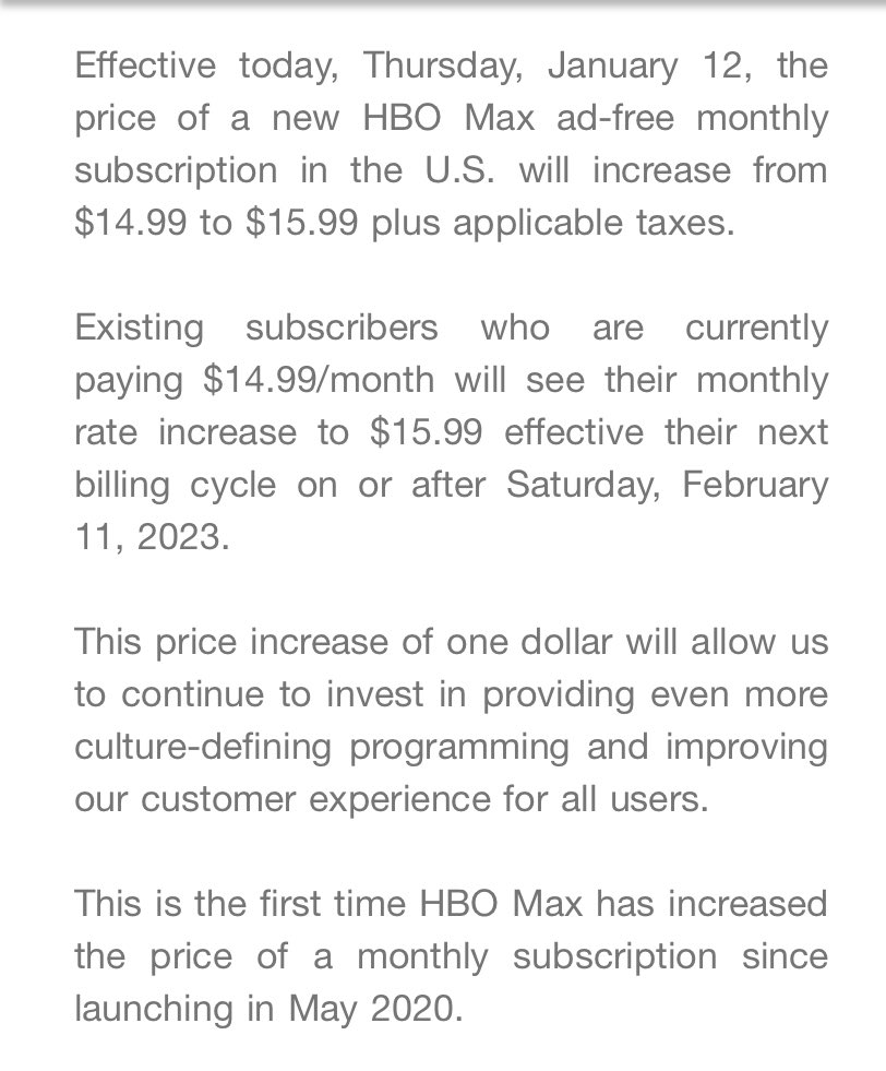 HBO Max subscription price increase January 2023