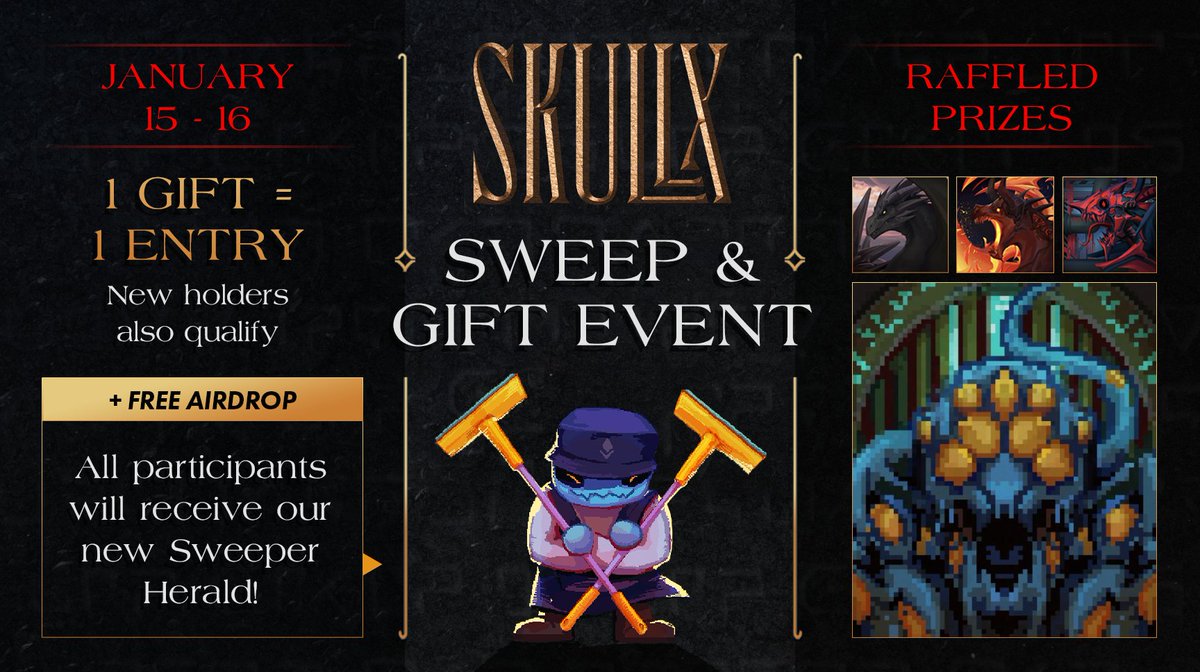 🔥Sweep &amp; Gift Event🔥

Jan 15th-16th, 5pm UTC
Sweep anything from our 10k, Aeon, or Pixel collections &amp; gift it to someone who doesn't own a #Skullx NFT!

You could win a Cosmic Origins Skull or Skullx Aeons! All participants receive a sweeper herald!

Rules below🧵
#WeAreSkullx