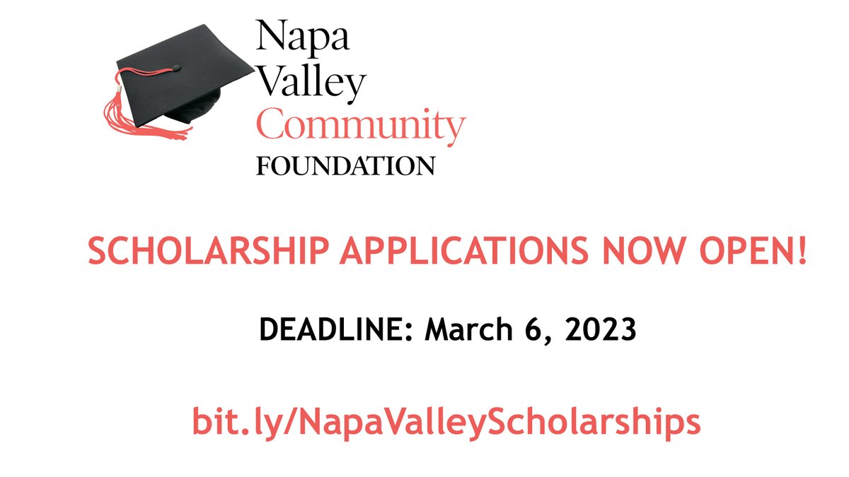 NapaValleyCF's tweet photo. Napa Valley Community Foundation
SCHOLARSHIP APPLICATIONS ARE NOW OPEN!

SCHOLARSHIPS FOR: 
High School Seniors &amp; OTHERS

Vocational &amp; Tech Schools, 2- &amp; 4-year colleges

DEADLINE: MARCH 6, 2023

DETAILS: https://t.co/8BPumjeJL3

QUESTIONS?  
Scholarships@NapaValleyCF.org https://t.co/3rKEk0zrXx